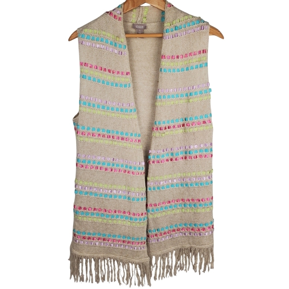 Chico's Multicolor Fringe Cardigan Vest.  MED (Chico's 1). 0140